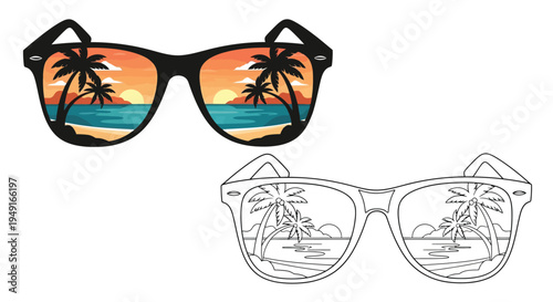 Sunglasses reflecting a tropical sunset scene with palm trees and ocean