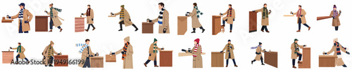 A comprehensive set of flat vector illustrations depicting stylish men and women in winter coats holding coffee cups near various wooden counters and tables.