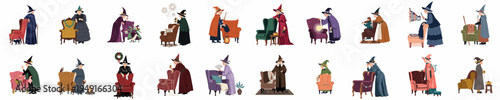 Large collection of elderly witch characters in whimsical costumes with various armchairs and magical items, isolated on white background, flat vector illustration.