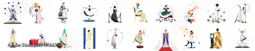Large collection of stylized female characters in elaborate historical and theatrical costumes, featuring various eras of fashion and performing arts.