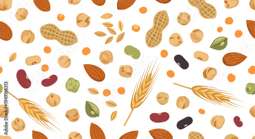 Nuts, Seeds, and Grains Vector Set Featuring Peanuts, Almonds, Beans, Wheat, and Other Healthy Snacks for Nutrition and Plant-Based Diets