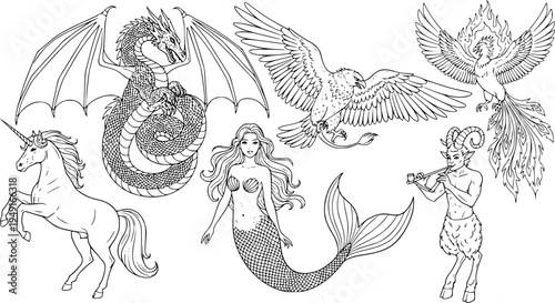 Mythical creature line art: dragon, unicorn, mermaid, gryphon, faun, phoenix
