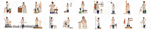 Collection of flat vector illustrations featuring a young female artist in an apron using her smartphone in various creative studio and home settings.