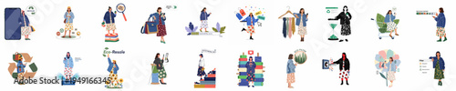 Collection of sustainable fashion illustrations featuring women shopping ethically, using eco-filters, and choosing recycled materials in a flat vector style.