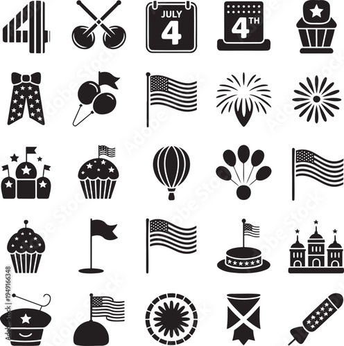 A diverse assortment of black icons symbolizing Fourth of July festivities, including flags, fireworks, and celebratory items