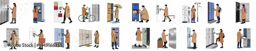 Collection of people using smartphones to access smart automated lockers for parcel pickup and storage in various urban settings.