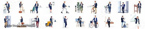 Collection of modern professionals in various daily life and smart home scenarios, flat vector illustration style.