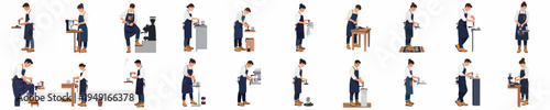 Set of flat vector illustrations featuring male and female baristas in aprons performing various coffee preparation tasks isolated on white background.