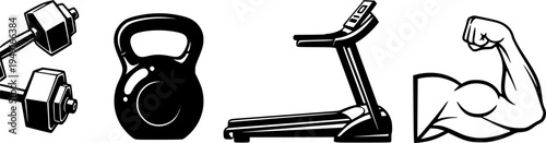 Fitness equipment icons: dumbbells, kettlebell, treadmill, and muscle flex illustration
