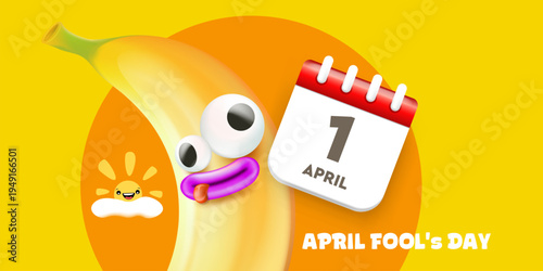 April Fools Day horizontal banner. Funny banana character with crazy eyes and calendar icon on yellow background. Creative holiday promotion for April 1st. Modern vector illustration