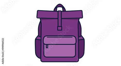 A simple illustration of a purple roll top backpack with a front pocket