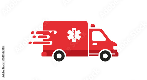 Red Ambulance Truck with Star of Life Fast Emergency Medical Service.