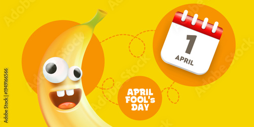 April Fools Day horizontal banner. Funny banana character with crazy eyes and calendar icon on yellow background. Creative holiday promotion for April 1st. Modern vector illustration