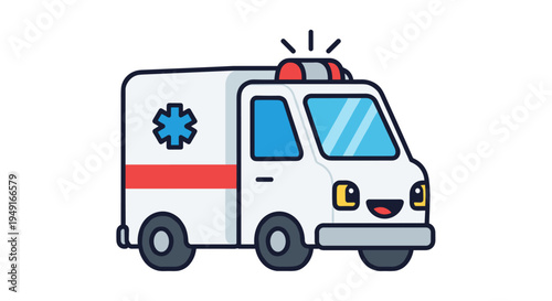 Cute Ambulance Vehicle with Star of Life Emergency Medical Transport.