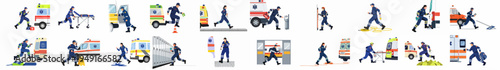 Set of flat vector illustrations depicting paramedics and emergency medical technicians in various action scenarios with ambulances and equipment.