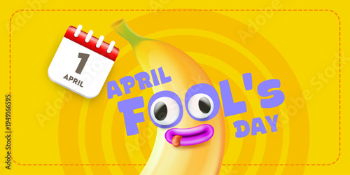 April Fools Day horizontal banner. Funny banana character with crazy eyes and calendar icon on yellow background. Creative holiday promotion for April 1st. Modern vector illustration