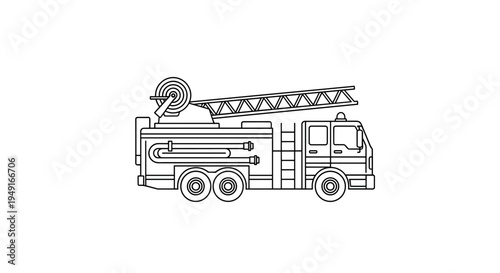 Fire Truck Line Art - Emergency Vehicle with Ladder and Hose.