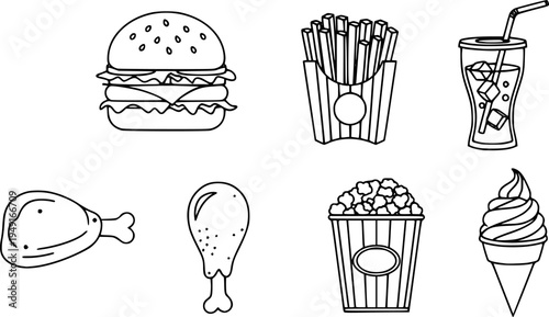Icon set of fast food items including burger, fries, drink, chicken, popcorn, and ice cream
