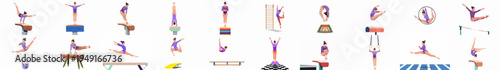 Collection of vector illustrations showing a female gymnast in various athletic poses and performing exercises on different gymnastic equipment.