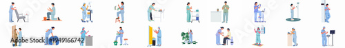 Set of flat vector illustrations of diverse nurses and medical professionals preparing syringes and vaccinations in clinical hospital settings.
