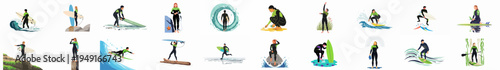 Diverse Collection of Surfer Characters in Wetsuits Practicing Various Activities on the Beach and in the Ocean, Flat Vector Illustrations Set