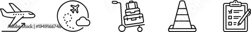 Airport travel and logistics icon set featuring airplane flight luggage cart safety cone and clipboard for transportation industry.