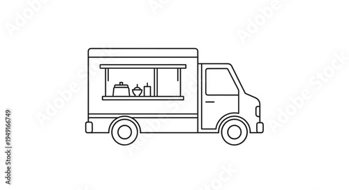 Food Truck Line Art Icon - Mobile Food Service Vehicle.
