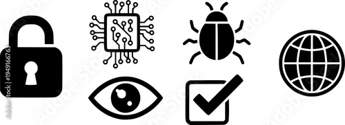 Cybersecurity icons: lock, circuit, bug, eye, checkmark, globe
