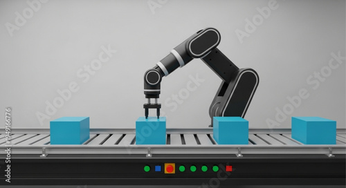 Automated robotic arm working on a conveyor belt with blue blocks.