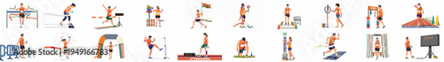 Comprehensive set of marathon runners illustrations showing victory, exhaustion, and post-race activities in a clean flat design style.