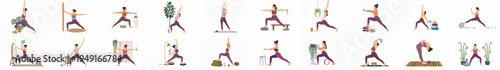 Collection of flat illustrations showing women practicing various yoga poses and mindfulness exercises with plants, crystals, and home wellness accessories.