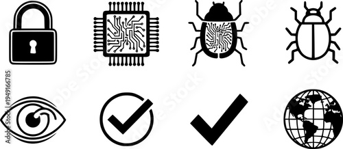 Cybersecurity icons: lock, circuit, bug, eye, checkmark, globe
