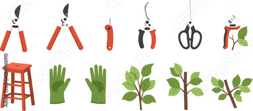 Pruning and Plant Care Tools Vector Set Featuring Shears, Scissors, Gloves, Stool, and Tree Saplings for Gardening and Horticulture