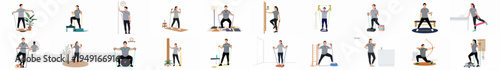 Set of flat vector illustrations featuring people performing various physiotherapy and fitness exercises with resistance bands in a modern clinical environment.