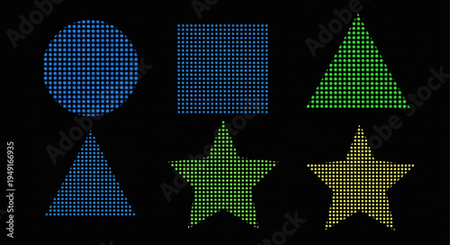 Geometric Shapes Made of Small Dots on Black Background.