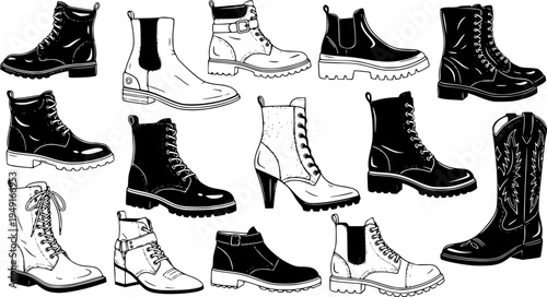Collection of black and white boot illustrations: different styles and designs

