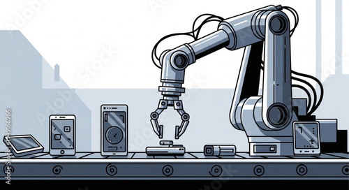 Automated Robotic Arm Assembling Smartphones on a Conveyor Belt.