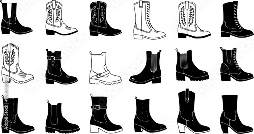 Collection of black and white boot illustrations: different styles and designs
