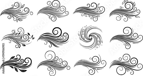 Collection of decorative wind swirl designs with various elements
