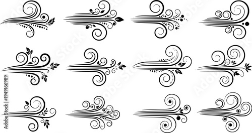Collection of decorative wind swirl designs with various elements
