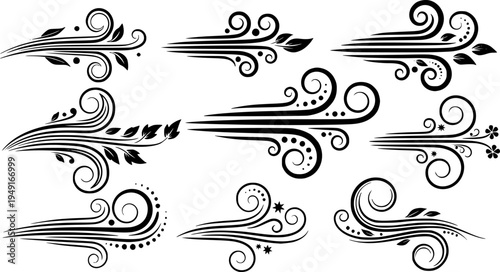 Collection of decorative wind swirl designs with various elements
