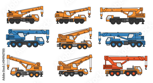 Construction Cranes Set Heavy Machinery for Lifting and Building.