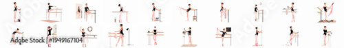 Set of diverse vector illustrations showing a female ballerina practicing various dance poses and stretches at a ballet barre in a dance studio.