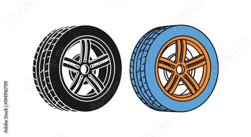 Two car tires displayed one black and white one with color