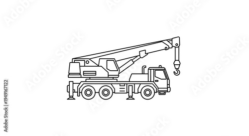 Mobile Crane Truck Line Art - Construction Vehicle Heavy Machinery.