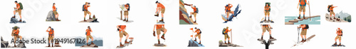 Flat Vector Illustrations of People Hiking and Trekking in the Mountains, Featuring Various Outdoor Activities and Adventure Poses on White Background.