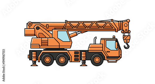 Orange Mobile Crane Truck Heavy Machinery Construction Vehicle.
