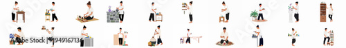 Collection of flat illustrations showing diverse people working in aromatherapy, herbal medicine, and wellness spa environments, preparing natural oils and herbal remedies.
