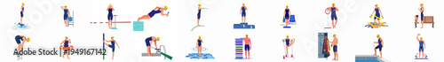 Collection of flat vector illustrations featuring diverse swimmers engaged in various pool activities like diving, training, competing, and relaxing.