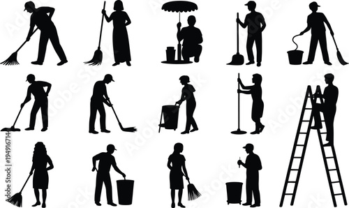 Silhouette illustrations of people performing various cleaning tasks